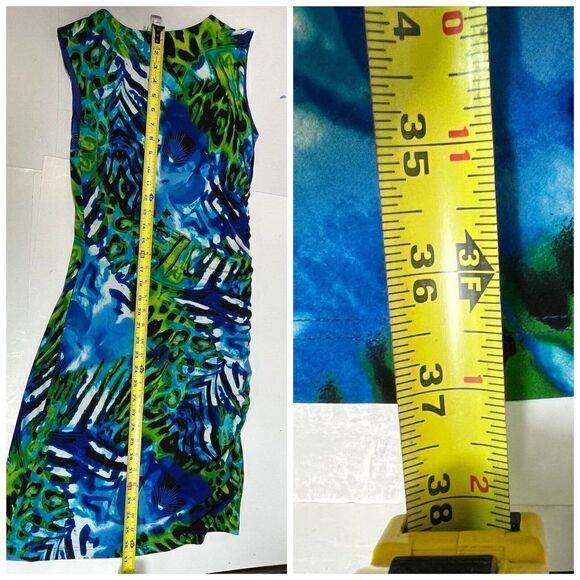 Joseph Ribkoff Dress Hawaiian Tropical Sheath Ruched Line Sleeveless Size 8 Blue - Picture 14 of 14
